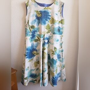 Handsewn Women Fit&flared Sleeveless  Linen Blend Floral Midi Dress.